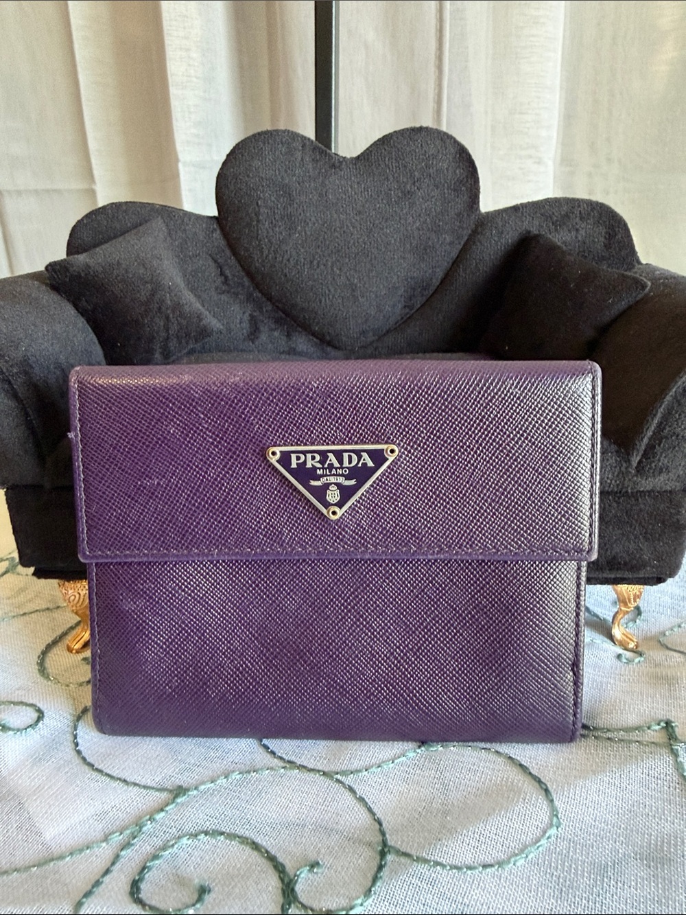 Prada Purple Saffiano Leather Wallet with Silver Triangle Logo